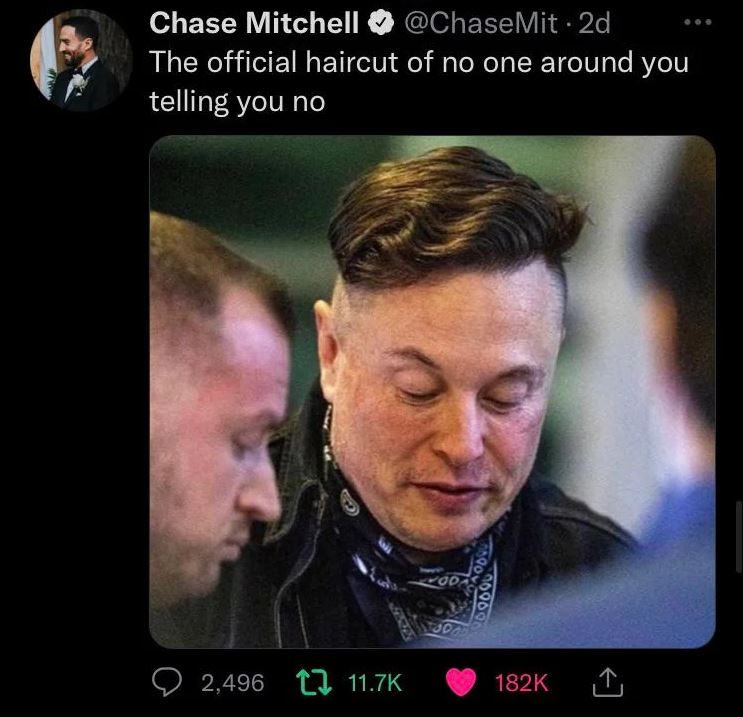 This meme features a photo of Elon Musk with a haircut that has been modified to resemble a "high and tight" military-style cut, but with a distinctive "fauxhawk" style on the top. The image is captioned "The official haircut of no one around you telling you no." The meme is likely humorous because it implies that the haircut is so bold and unconventional that it's almost like saying "I'm not listening to your opinions."